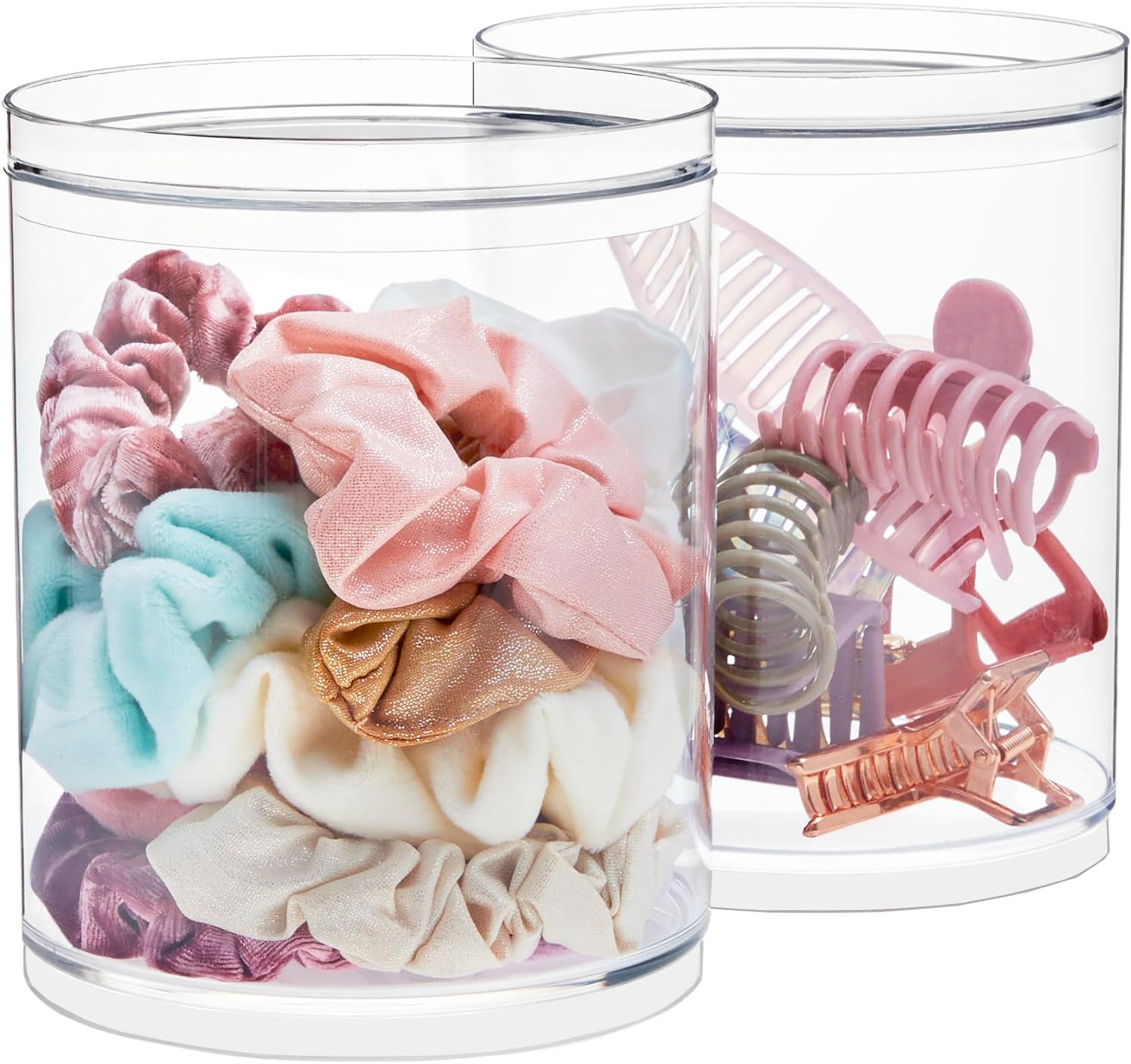 Stackable Clear Plastic Container Round Tall Scrunchie Holder (Set of 2)