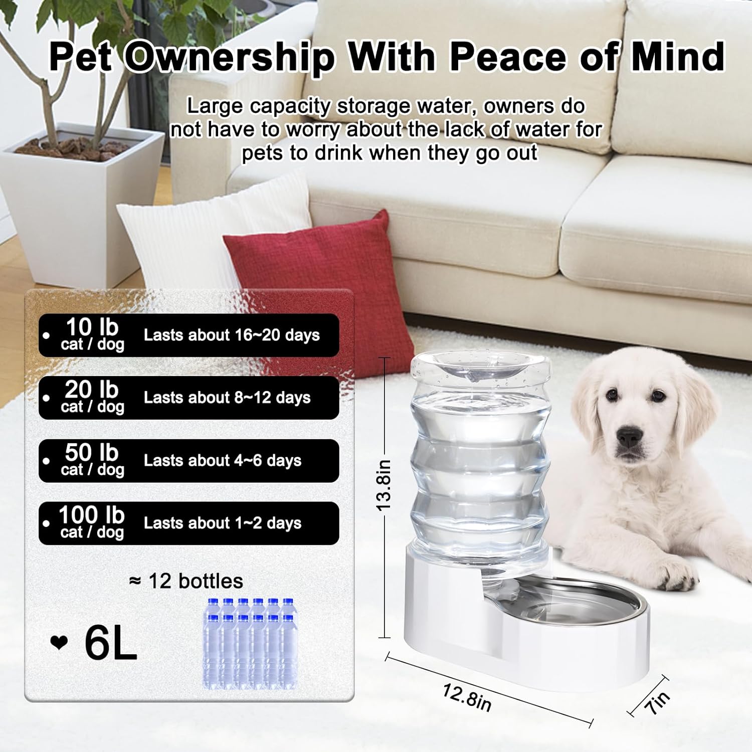 Automatic Pet Waterer Stainless Steel 6L Water Dispenser for Pets