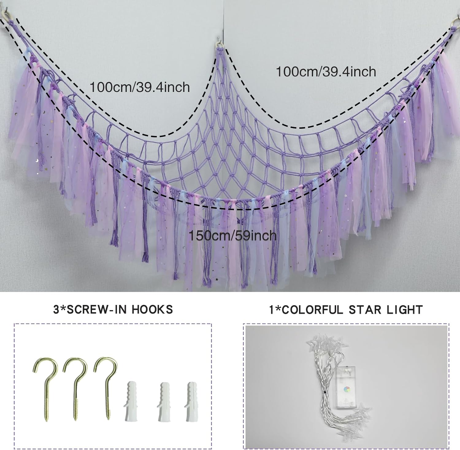 Stuffed Animals Net or Hammock with LED Light 59" Toy Hammock, Purple