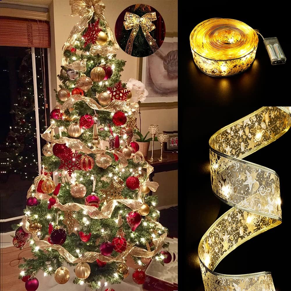 Christmas 32ft Gold String Lights 100 LED Lights Copper Wire Ribbon Bows Lights (Gold Warm Light Battery Powered)