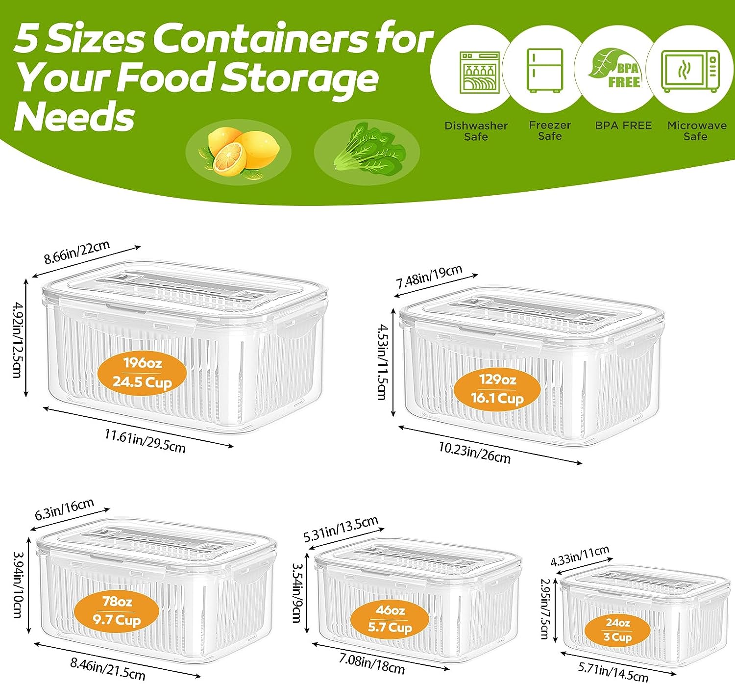 Plastic Airtight 10 Piece Fruit Storage Containers Kitchen Organizers for Kitchen Fridge, White