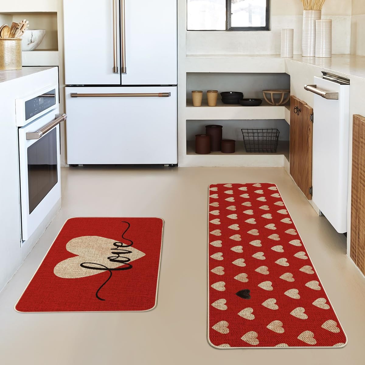 Red Love Heart Valentine's Day Kitchen Mats Set of 2 (17" x 29"  and 17" x 47")