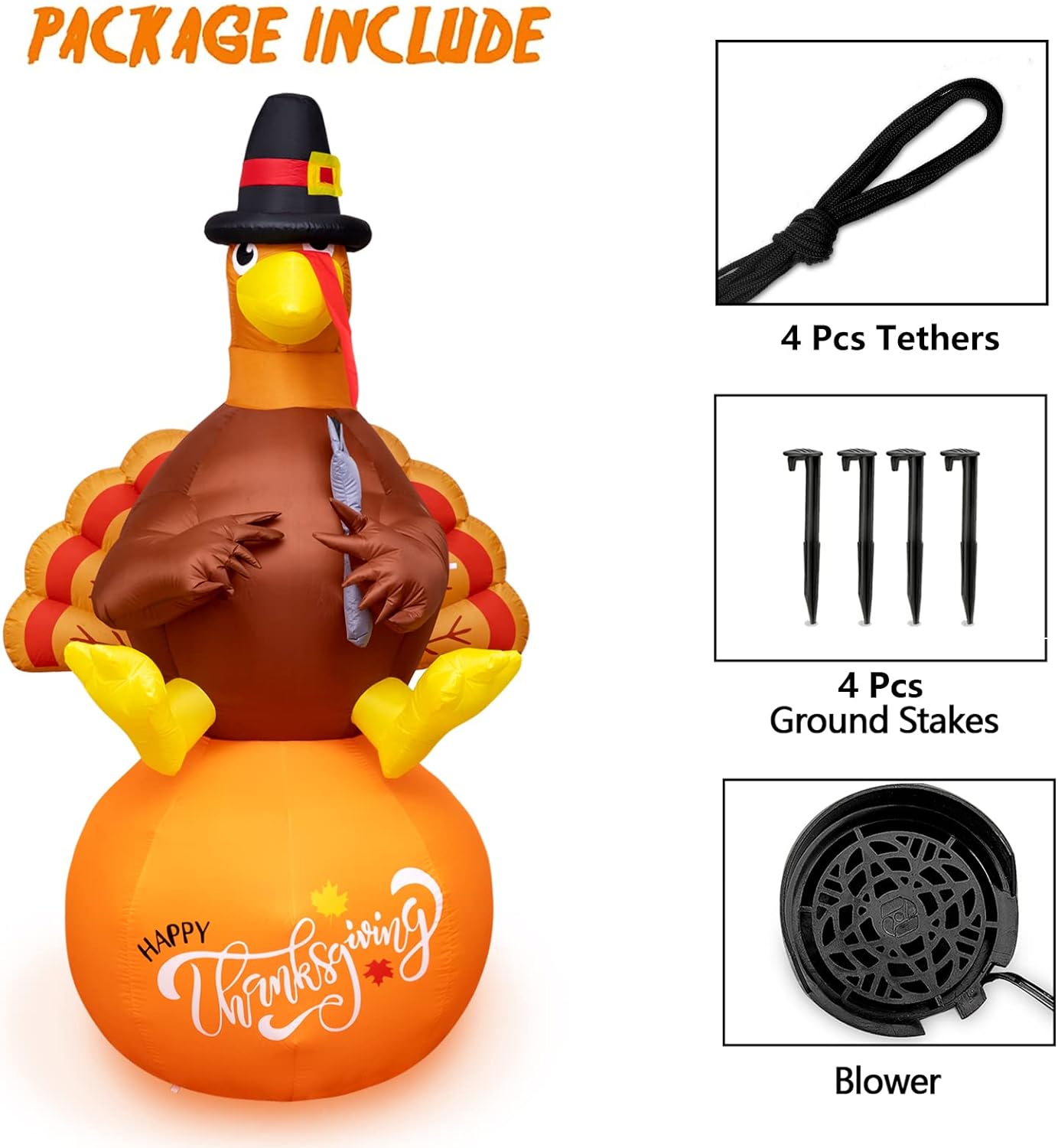 Inflatable Turkey 8FT Thanksgiving Inflatable Decorations Blow Up Turkey Built-in LED Lights