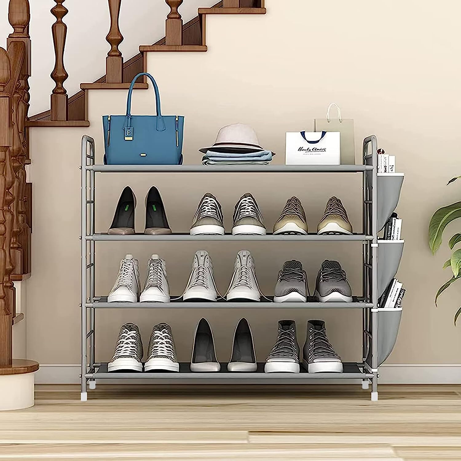 4 Tier Shoe Rack Storage Organizer for Entryway Closet Bedroom, Grey