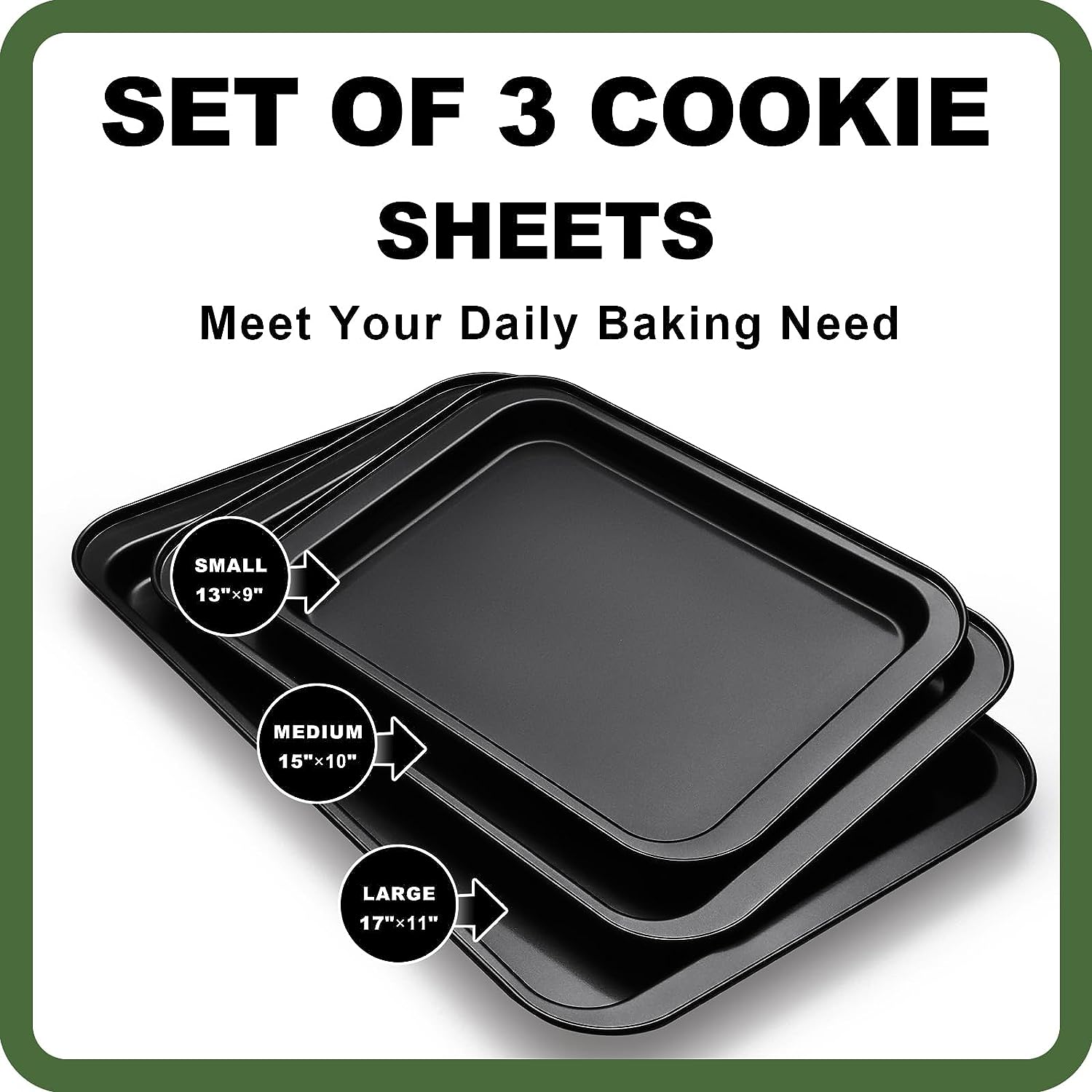 Baking Sheet Tray 3 Pack Set Cookie Sheet Pan for Oven, Nonstick Bakeware Sets with Wider Grips, Grey