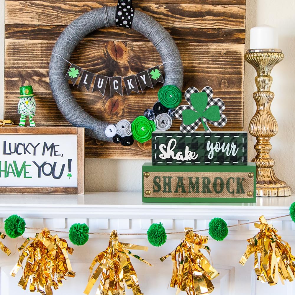 St Patrick's Day Decorations 3PCS Shamrock Wood Block Ornaments