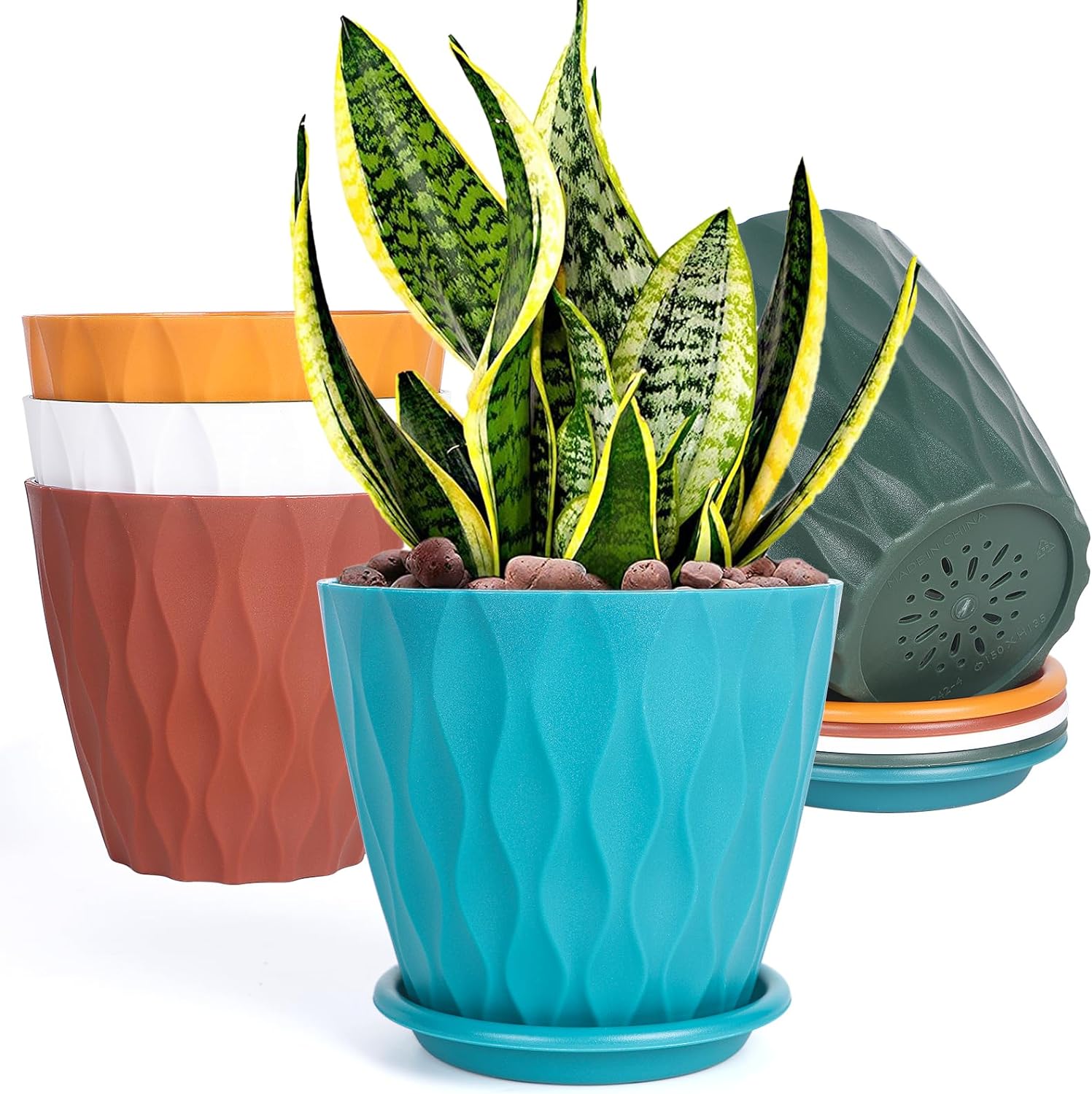 Flower Pots 6" Outdoor Planter Planting with Drainage Holes, 5 Pack with Tray Saucers for All Home Gardens Succulents