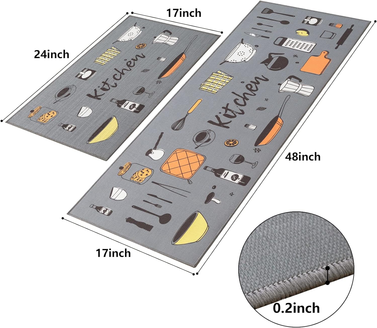 Non-Slip Kitchen Rug 2 PCS Non-Skid Backing Mat for Doorway Bathroom Runner Rug Set (17"x48" + 17"x24")