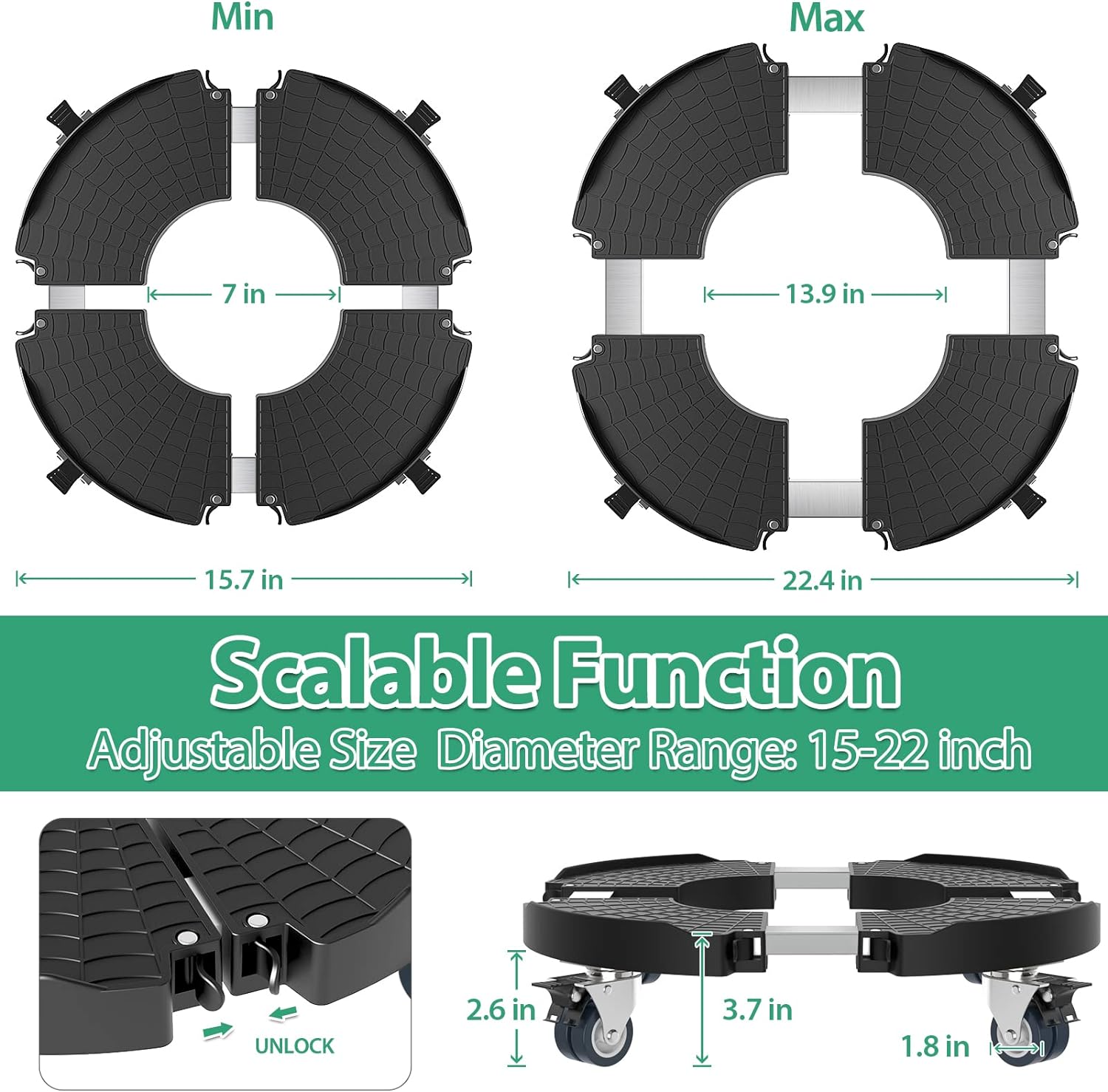 Plant Caddy with Wheels 15-22 Inch Adjustable Rolling Plant Stand Indoor Outdoor