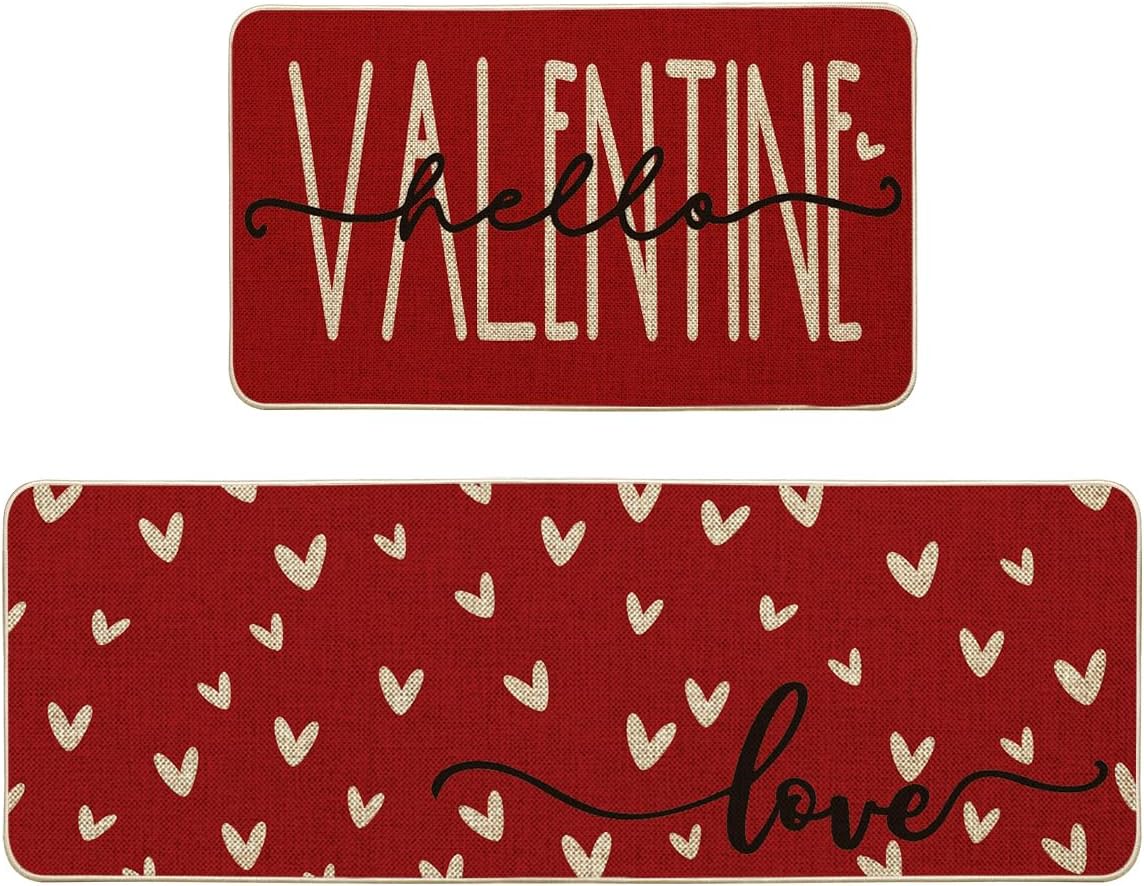 Red Love Heart Hello Valentine's Day Kitchen Mats Set of 2 (17" x 29" and 17" x 47")