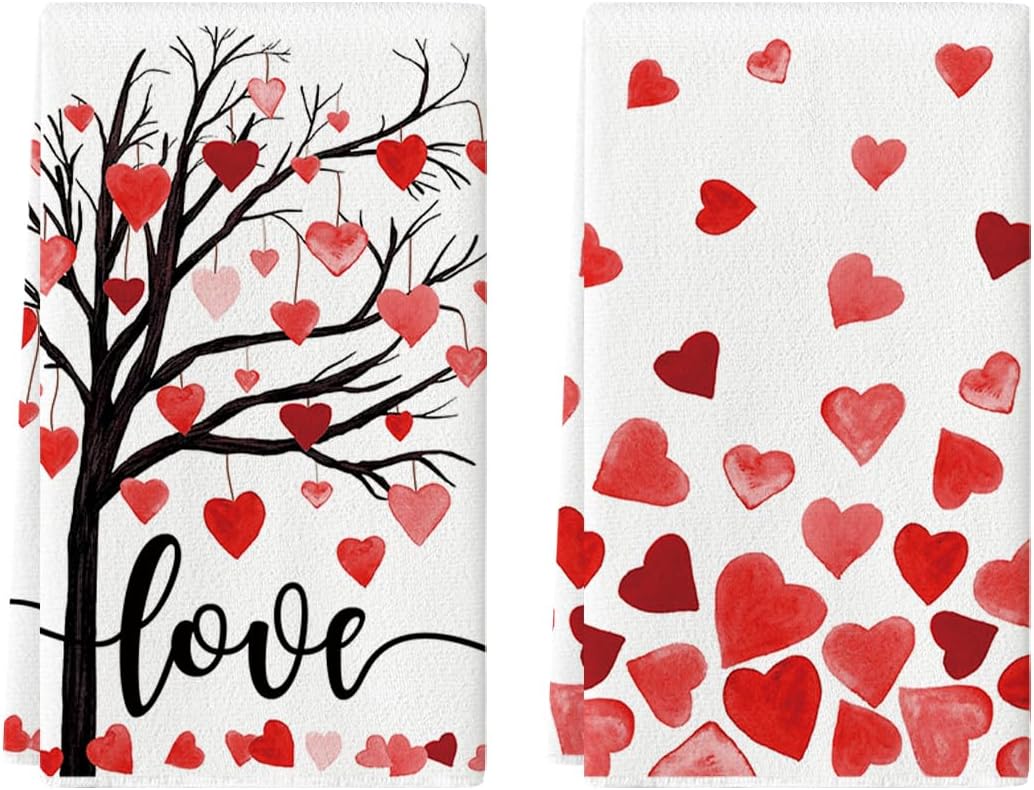 Heart Valentine's Day Kitchen Towels Dish Towels Set of 2 (18" x 26")