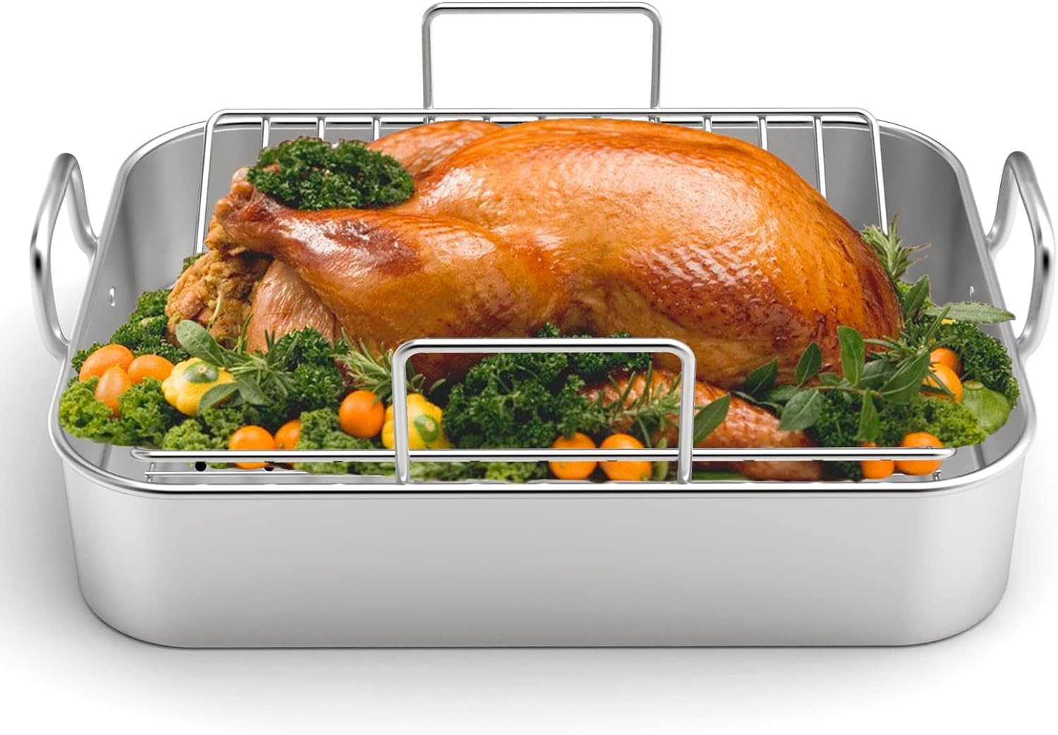 Roasting Pan Stainless Steel Turkey Roaster with Rack for Thanksgiving Christmas Roast Chicken Lasagna, 17" x 13"