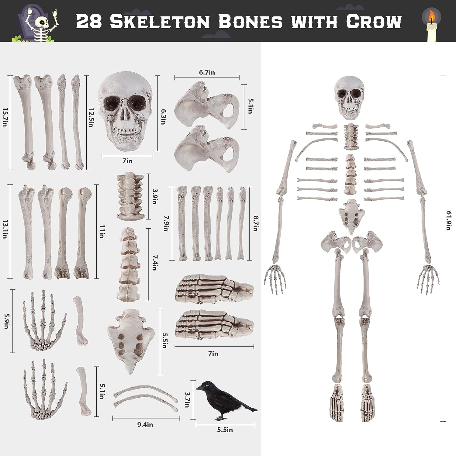 Halloween Decorations 28 Pieces Skeleton Bones and Skull with Crow for Outdoor Decoration