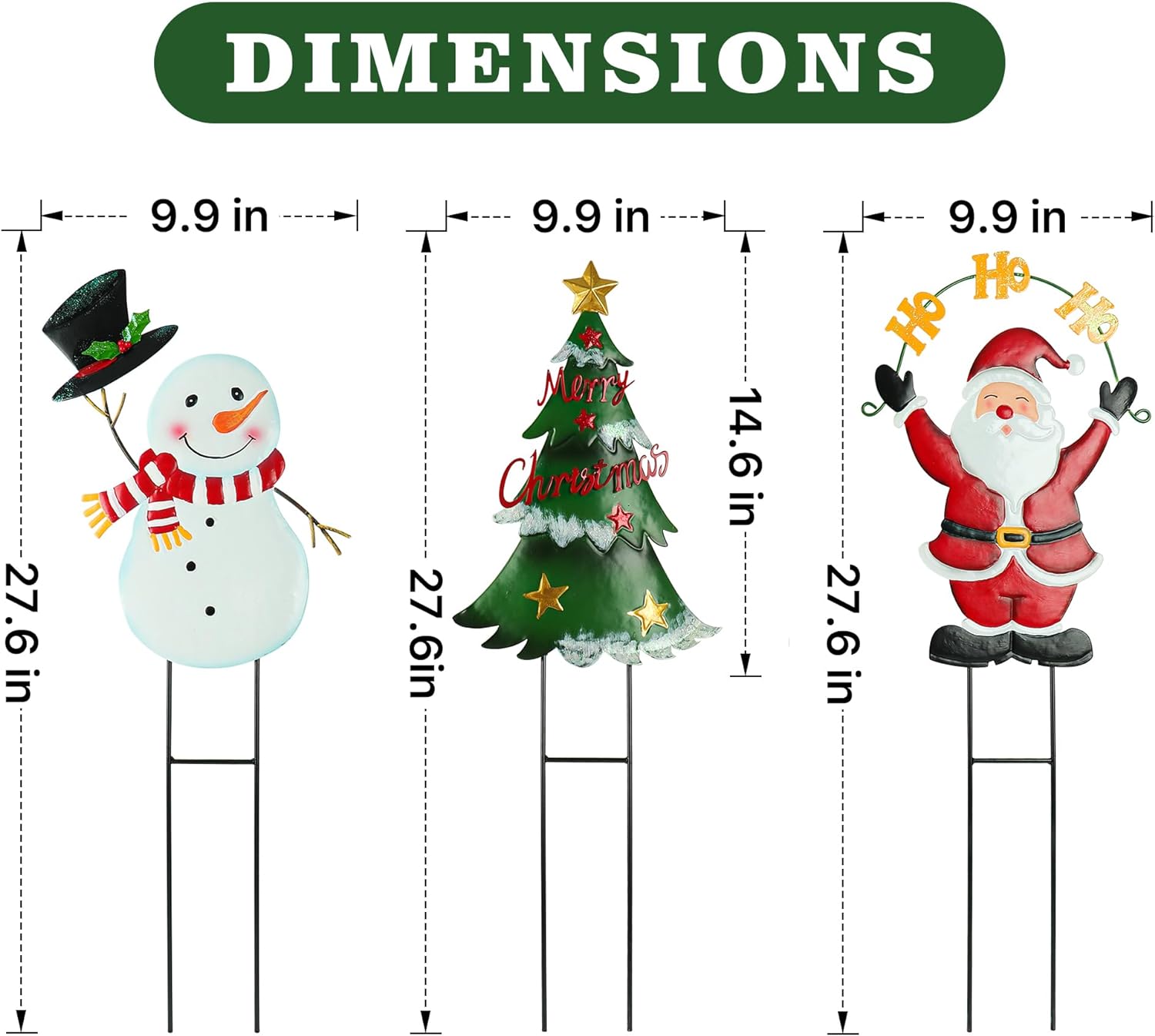 27" Christmas Tree and Santa Claus Set of 3 Christmas Decorations Metal Stakes