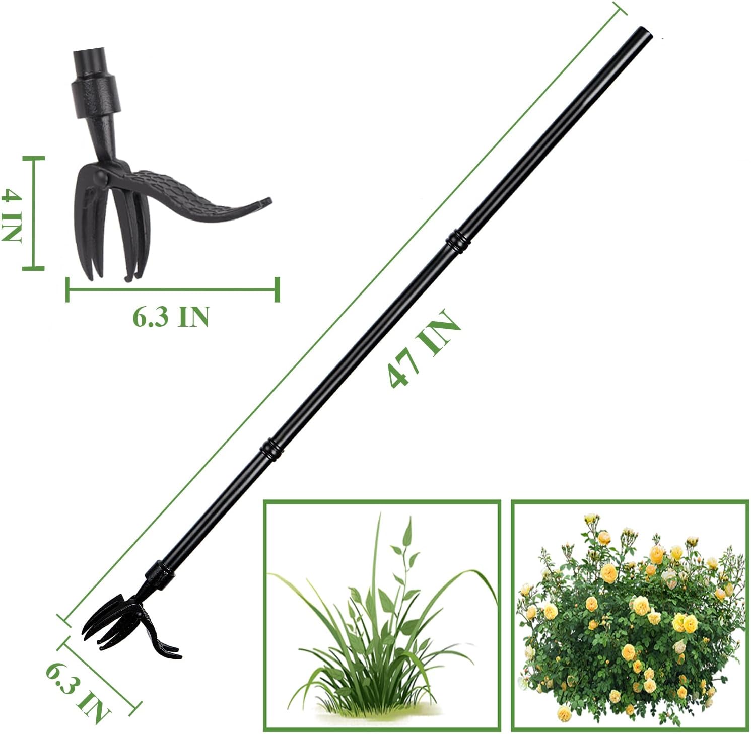 Weed Puller Long Handle Removable Steel Tube and Non-Slip 4 Claw Steel Head Design（47 in）