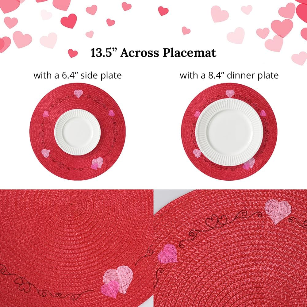 Round Valentines Placemats Set of 4, Heart Placemats for Round Tables (13.5")