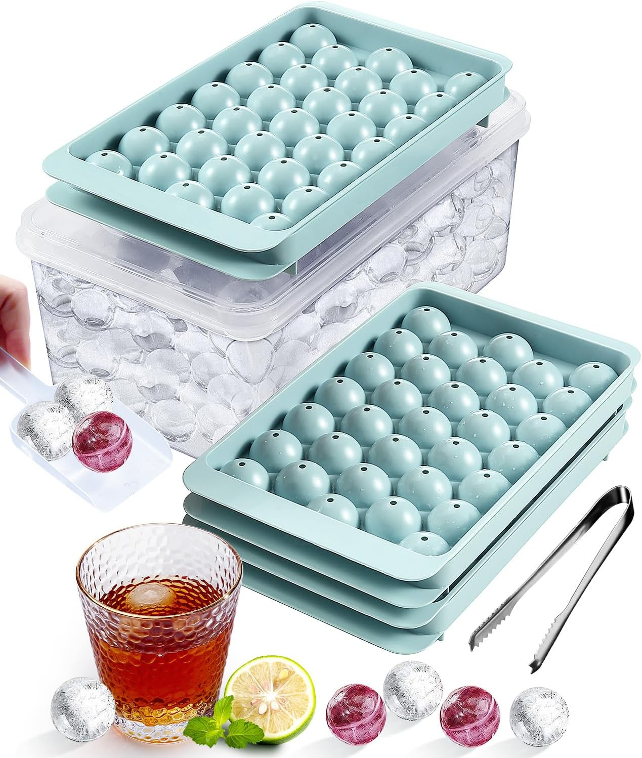 Stackable Round Ice Cube Tray Set with Lid & Bin, 99PCS Round Balls for Freezer is Easy to Release & Sturdy