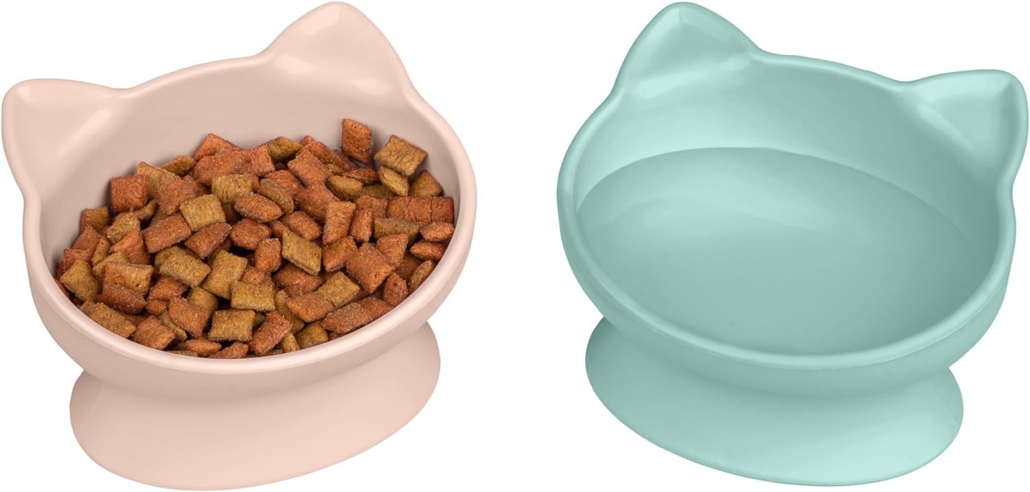 Raised Cat Food Bowl Pet Feeder and Waterer, Teal and Light Pink