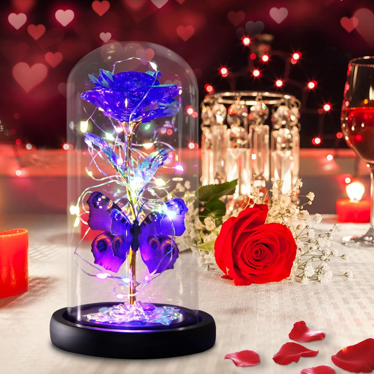 Valentines Day Rose Gifts for Her, Galaxy Purple Butterfly Rose in Glass Dome, Purple