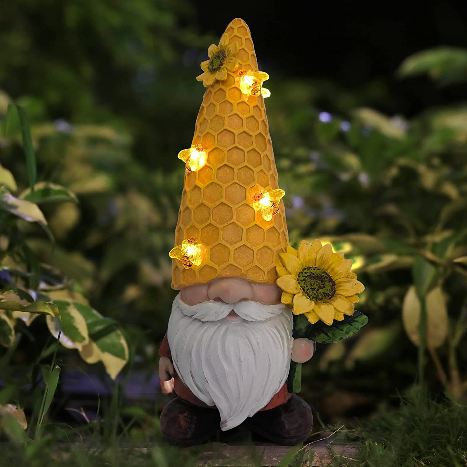 Solar Gnomes Garden Statues 12.3'' Gnomes Figurine Sunflower Decor with Solar Bee Lights