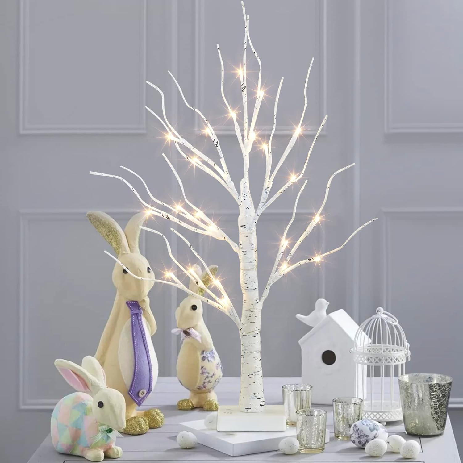 White Birch Tree with LED Lights Battery Powered Timer, Light Up Tabletop Tree Home Decor (2FT, Warm White)