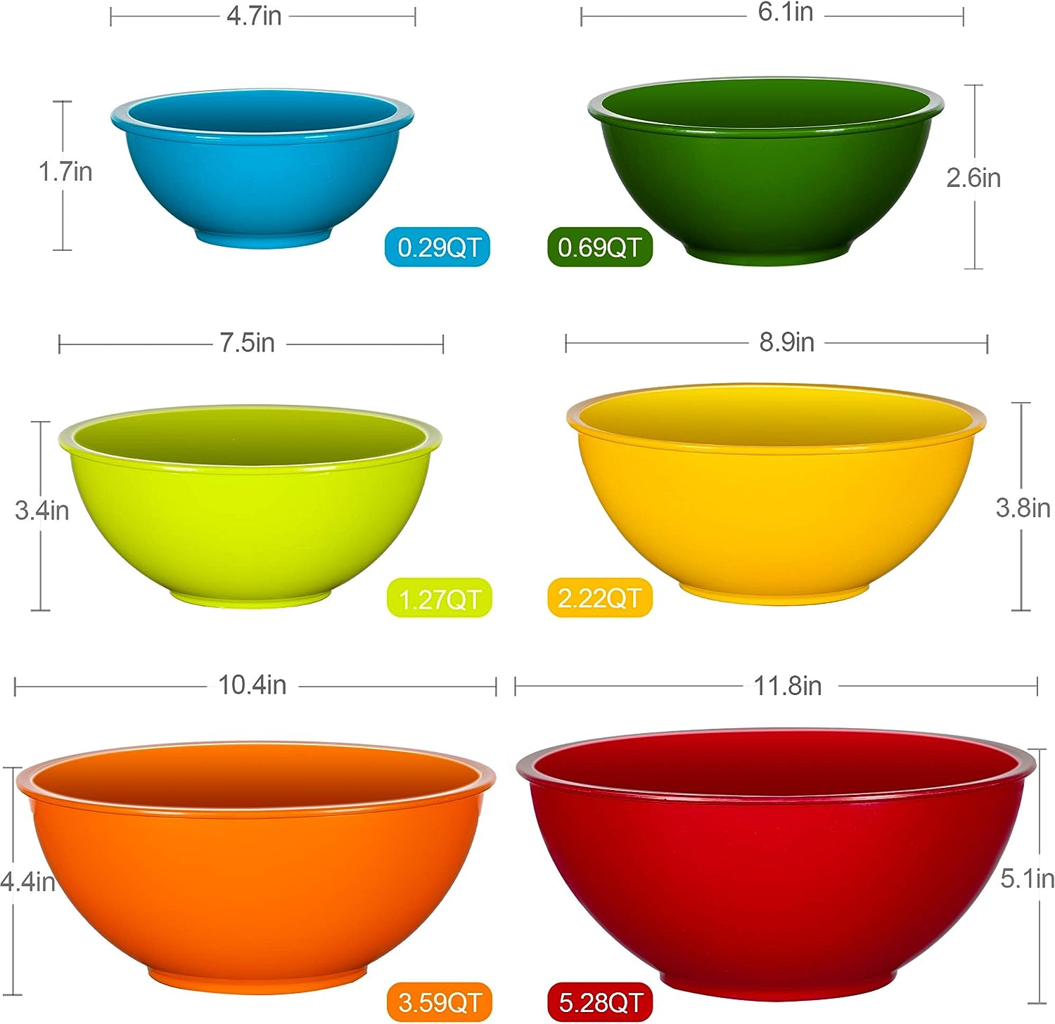 Rainbow Mixing Bowls Set of 6 for Kitchen, Ideal for Baking, Prepping, Cooking and Serving Food