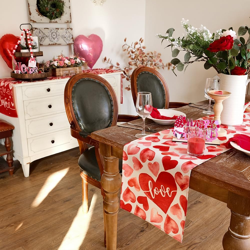 Valentine's Day Table Runner 13"  x 72" Red Pink Heart Love Seasonal Farmhouse Burlap Indoor Kitchen Dining