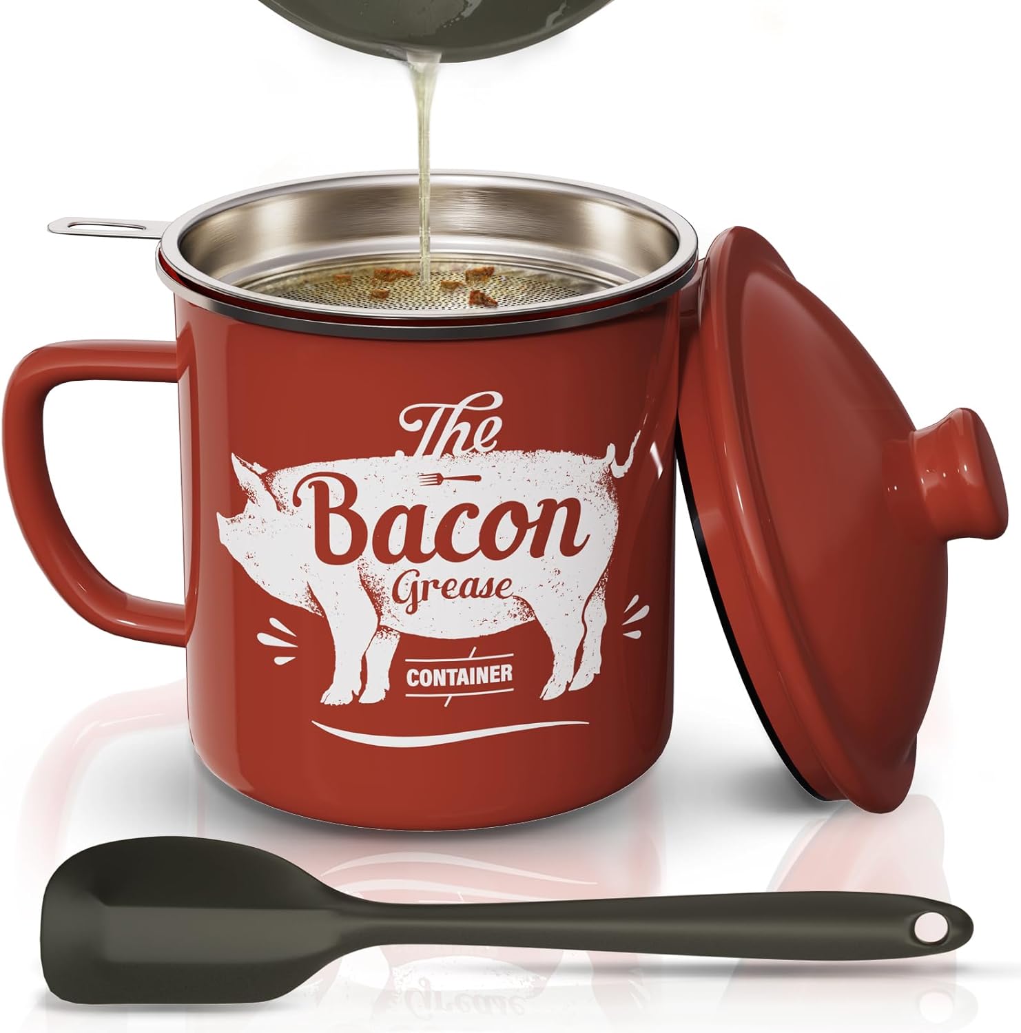 Grease Container 46 Ounce Bacon Grease Container With Strainer and Silicone Spatula