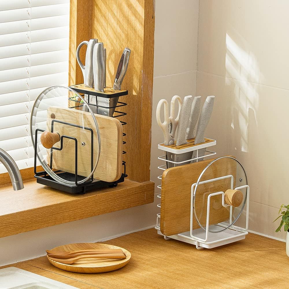 Knife Block Holder Pot Lid Rack Cutting Board Organizer Holder Drying Rack with Draining Tray, Black