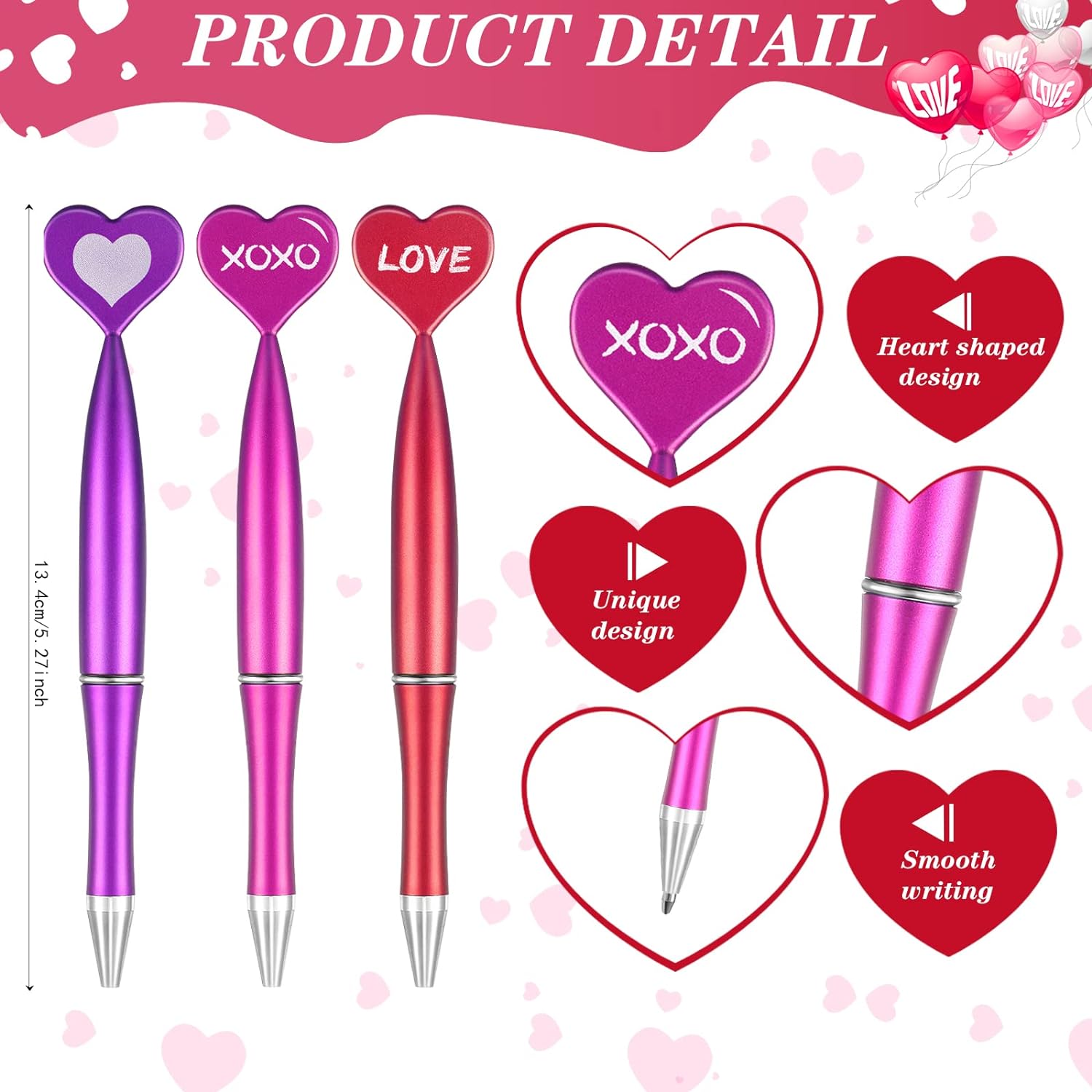 Heart Shaped Valentine's Day Pens Heart Ballpoint Pens 48 Pieces (Red, Pink, Purple, XOXO, LOVE)