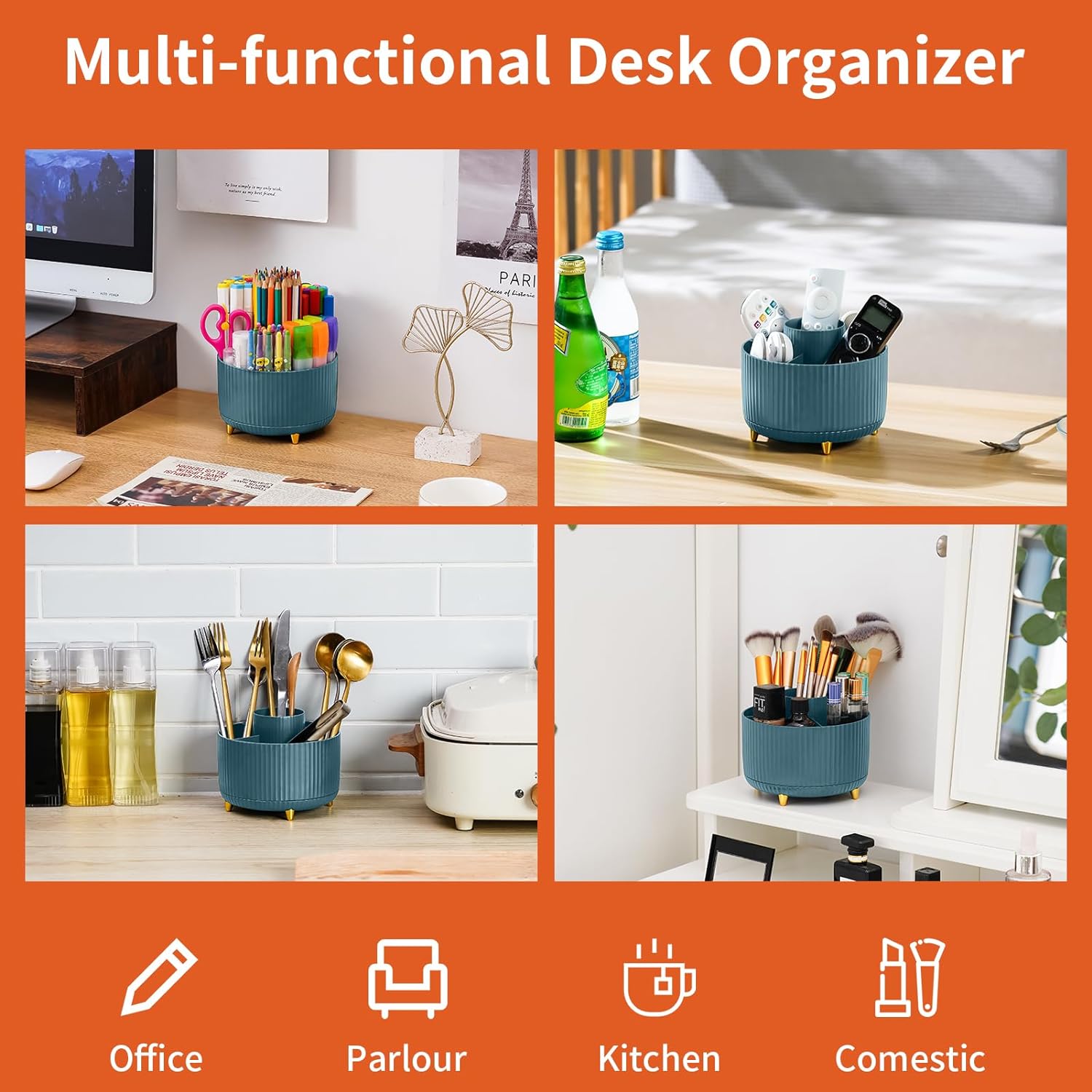 Desk Organizer, 360-Degree Rotating Pen Holder for Desk, Desk Organizers and Accessories with 5 Compartments Pencil Organizer