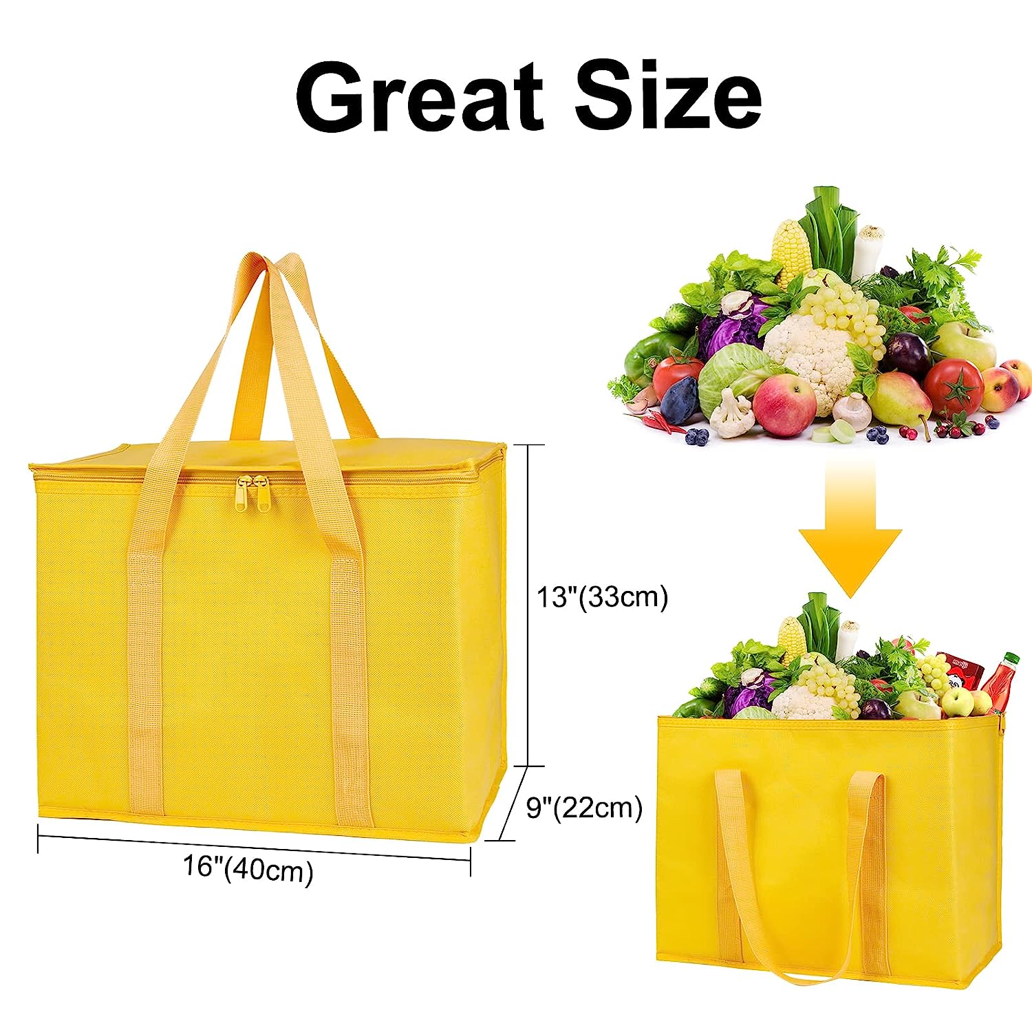 Insulated Reusable Grocery, Picnice Bag, Zippered Top, XL, Picnic Yellow