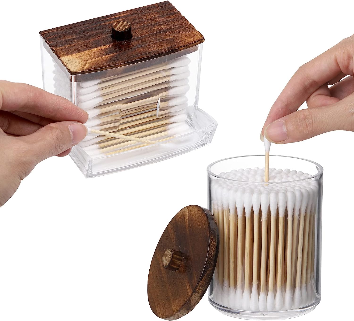 Qtips Holder Bathroom Container with Wood Lids (3 Holder)