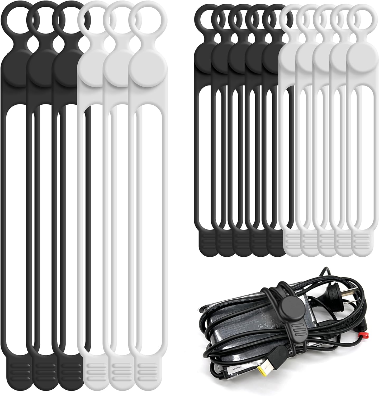 Cord Organizer Cable Management 16PCS Reusable Cable Organizer, Black and White (4.5" and 7.1")