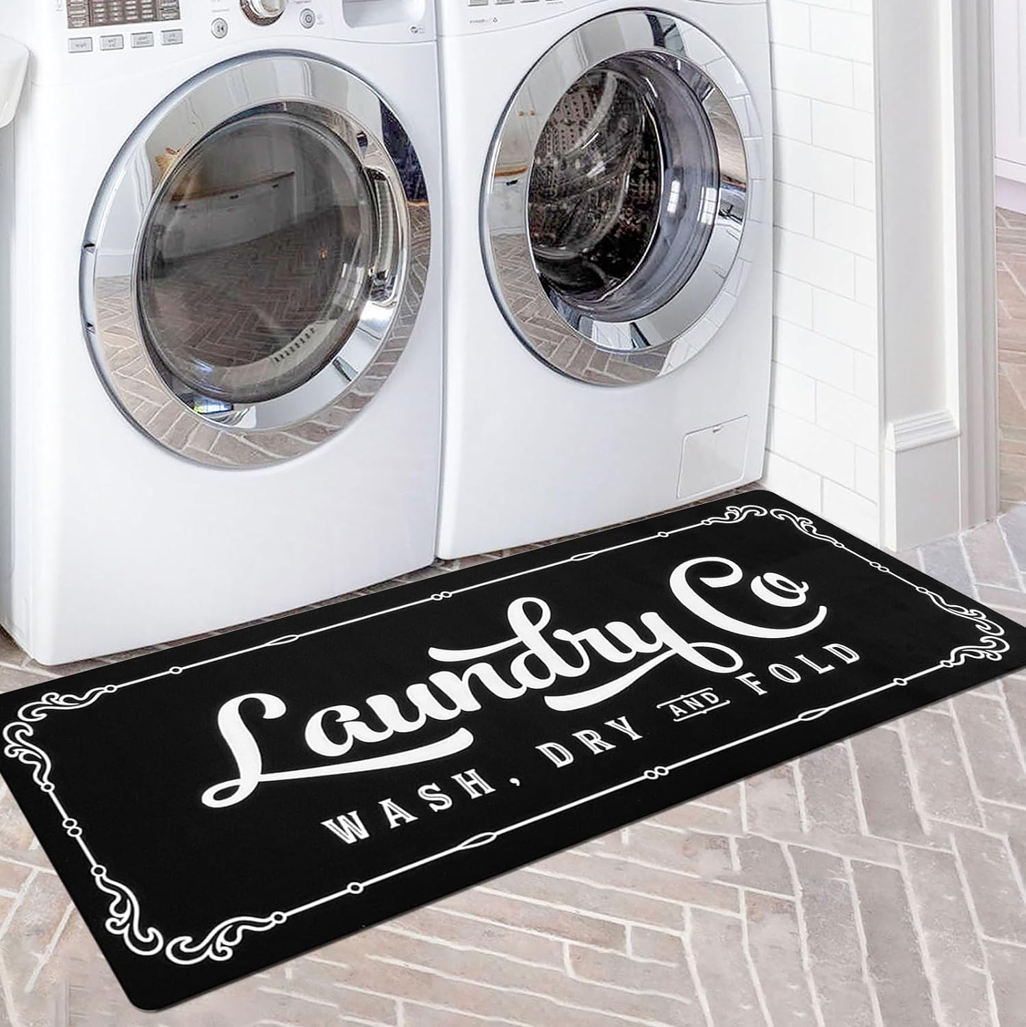 Waterproof Laundry Mats Non Slip Washable Floor Laundry Rug, Black (20" x 48")