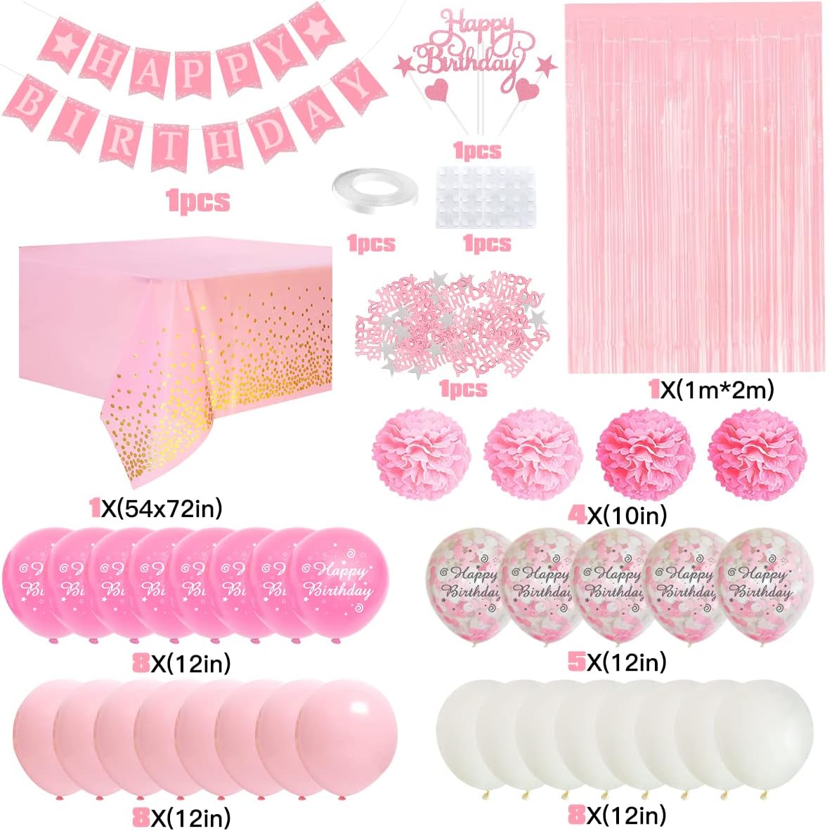 Pink Birthday Decorations Pink and White Balloons Happy Birthday Banner Tablecloth Paper Pom Poms Foil Fringe Curtain
