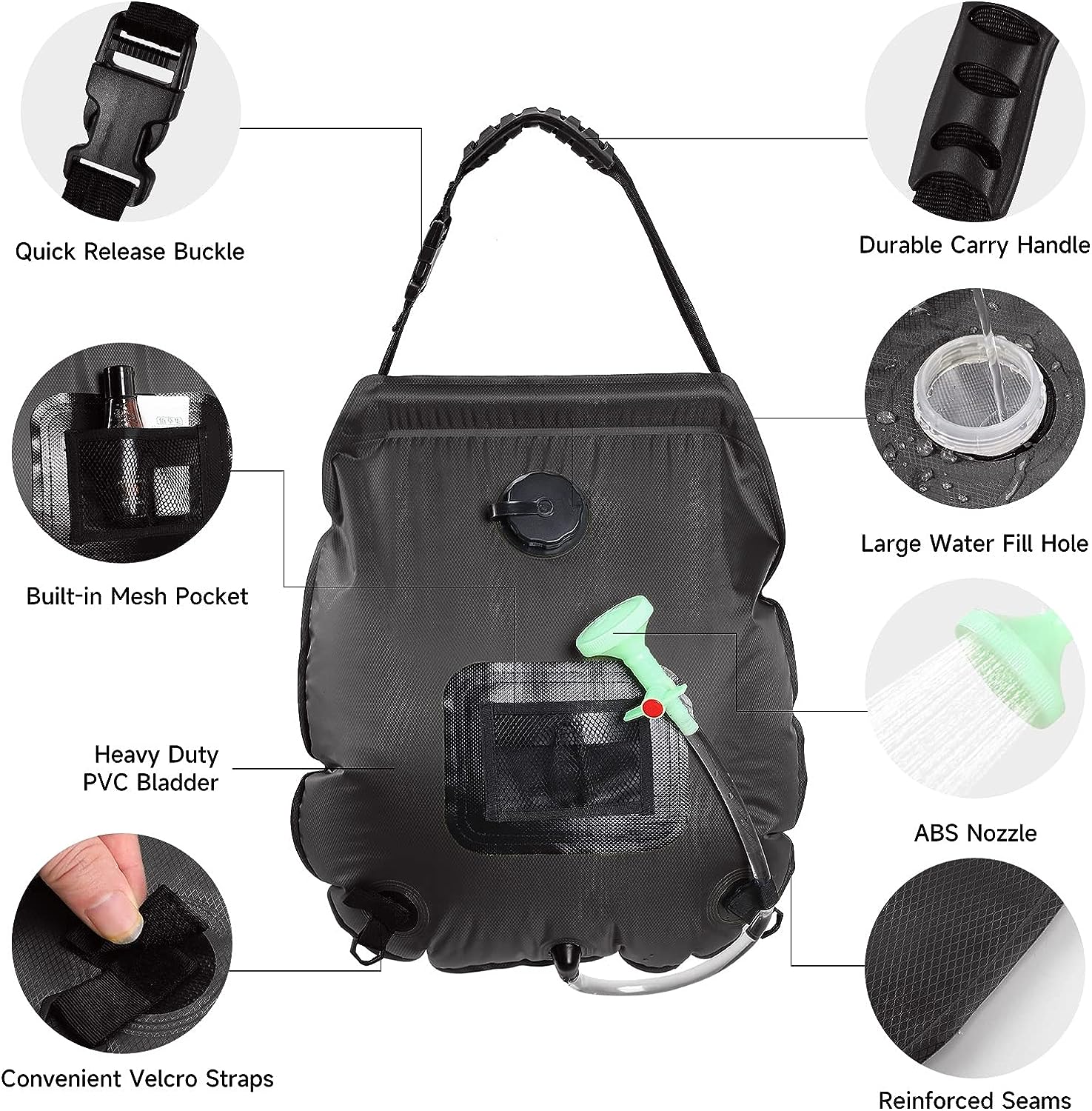 Solar Portable 5L Shower Bag with Removable Hose & On-Off Switchable Shower Head, Black