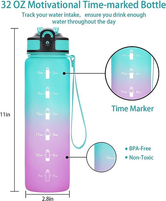 Water Bottle with Time Marker 32 Ounces - Green/Purple Gradient