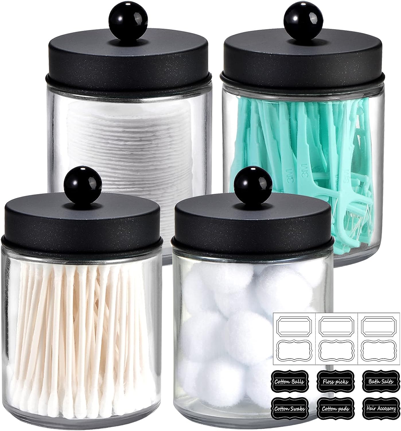 Bathroom Vanity Storage 4 Pack Jars with Stainless Steel Lids & Cute Stickers