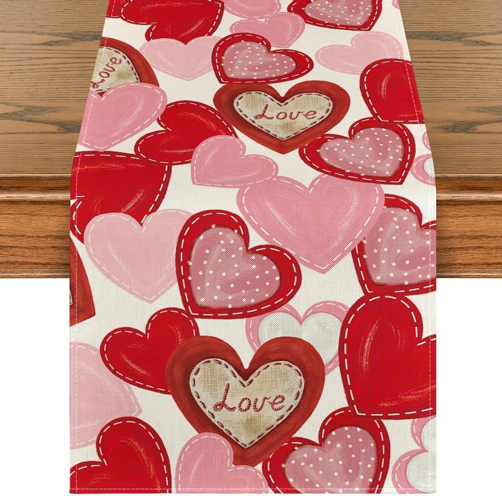 White Pink Love Heart Valentine's Day Table Runner (13" x 72")