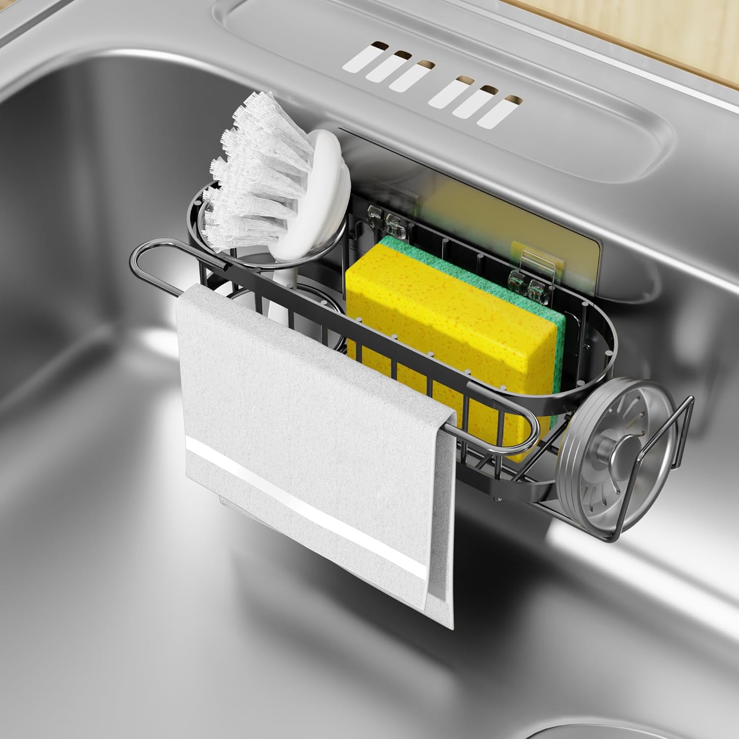 Sink Caddy Sponge Holder Stainless Steel in The Sink with 2 Installation Ways (Suction & Adhesives)