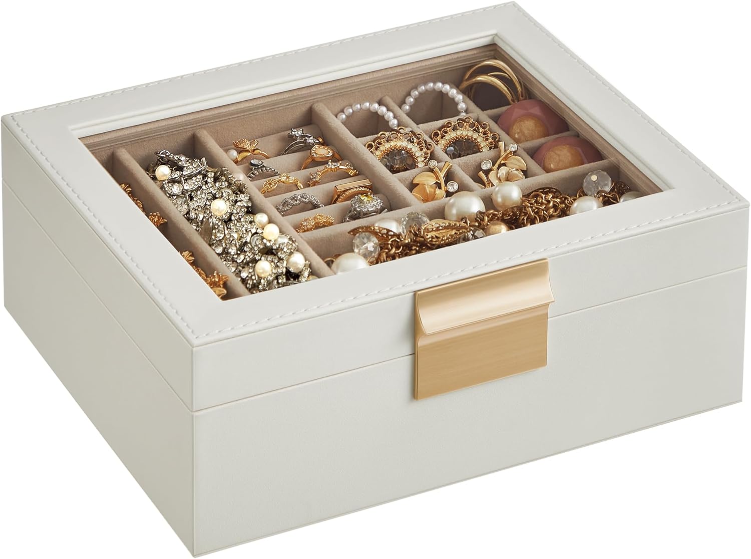 2 Layer Jewelry Box with Glass Lid, Gift for Loved Ones, Christmas Gifts, Cloud White and Metallic Gold