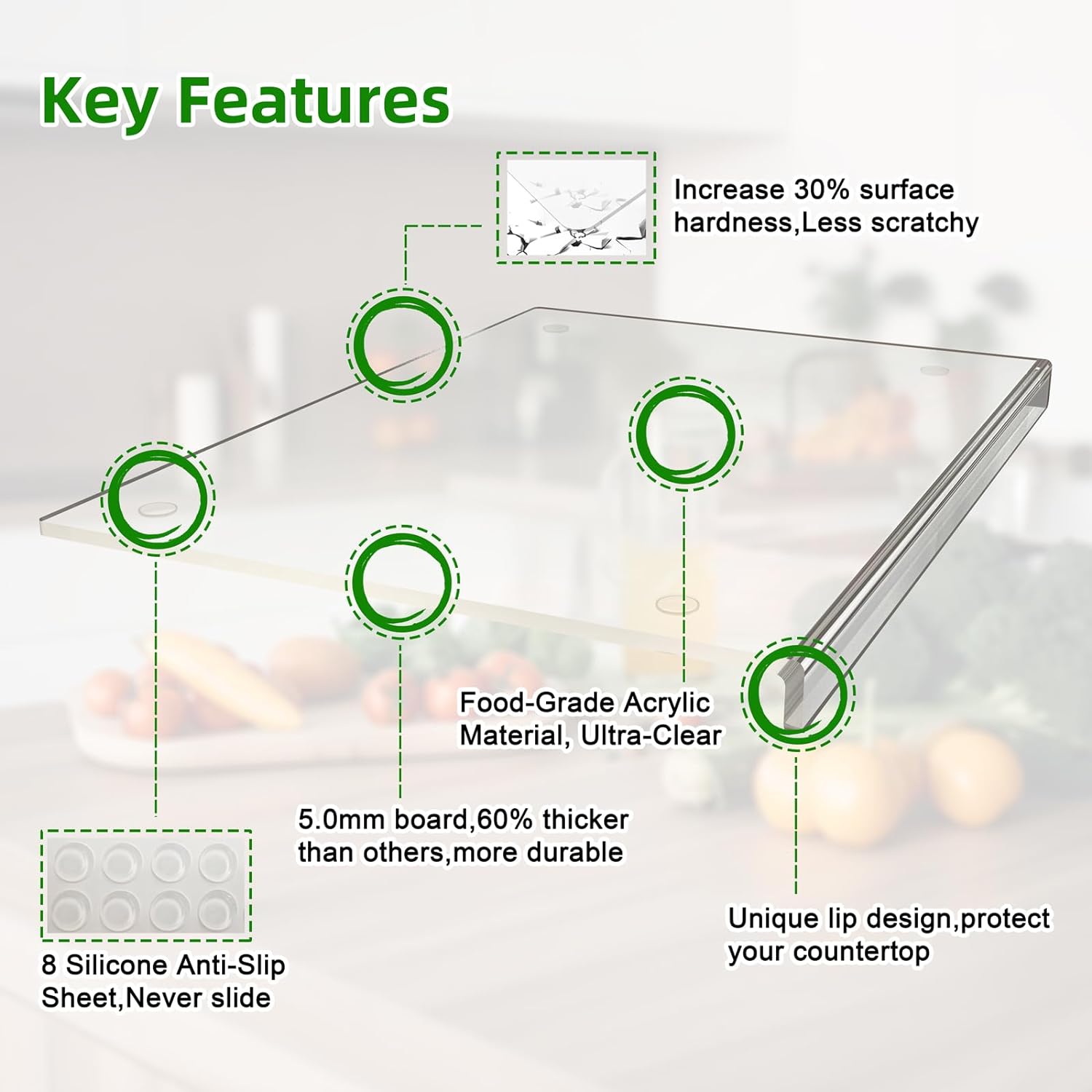 Cutting Board with Counter Lip Large Clear Cutting Board for Kitchen Countertop (17" x 13")