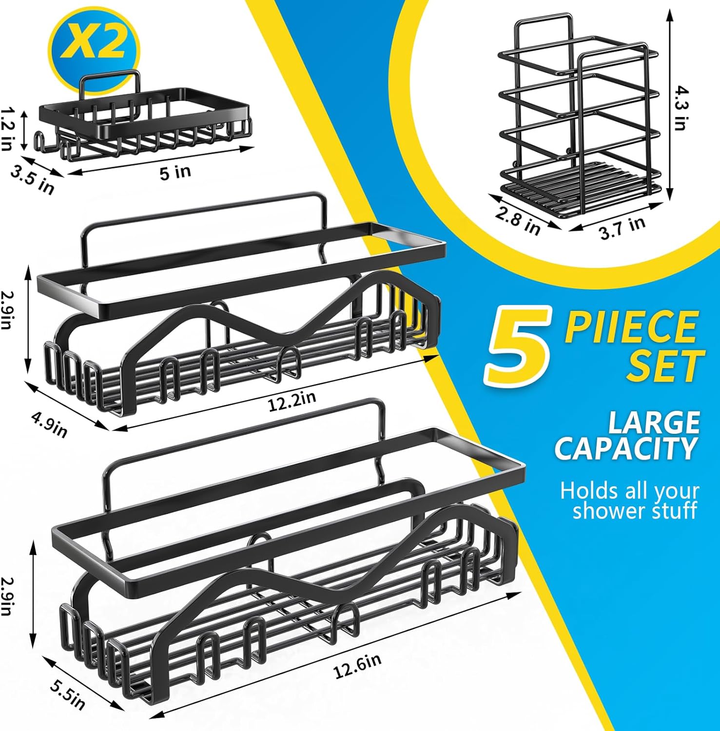 Shower Shelves Adhesive Shower Organize, 5 Pack Shower Caddy No Drilling Stainless Steel Bathroom Shower Organizer, Black