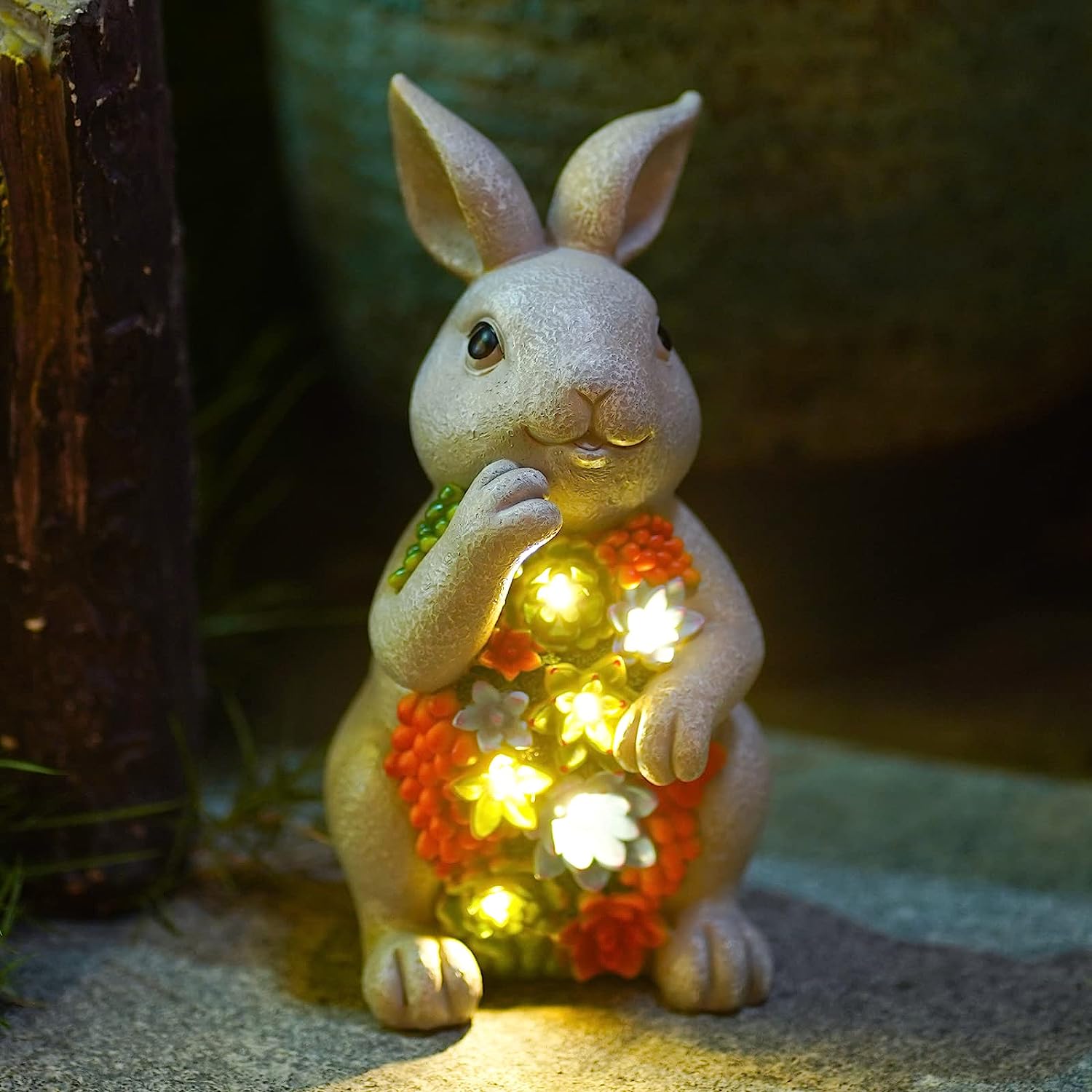 Rabbit Solar Garden Outdoor Statues Bunny with Succulent and 7 LED Lights