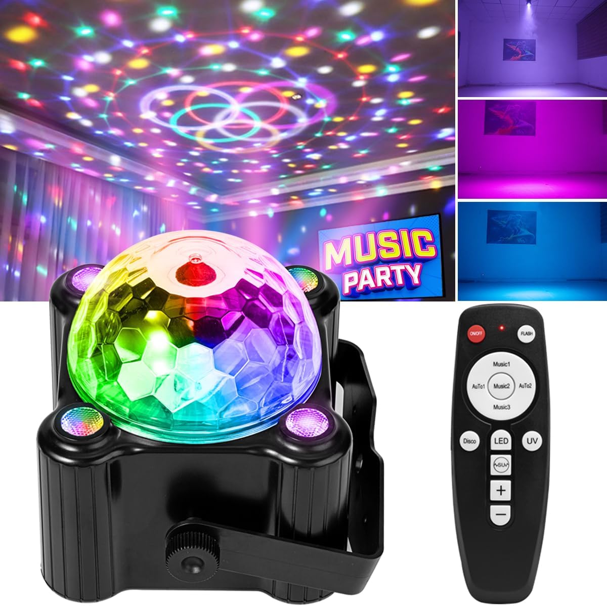 Disco Ball Party Lights, Activated Strobe DJ Stage Lighting for Indoor Room Outdoor Dance Floor Parties