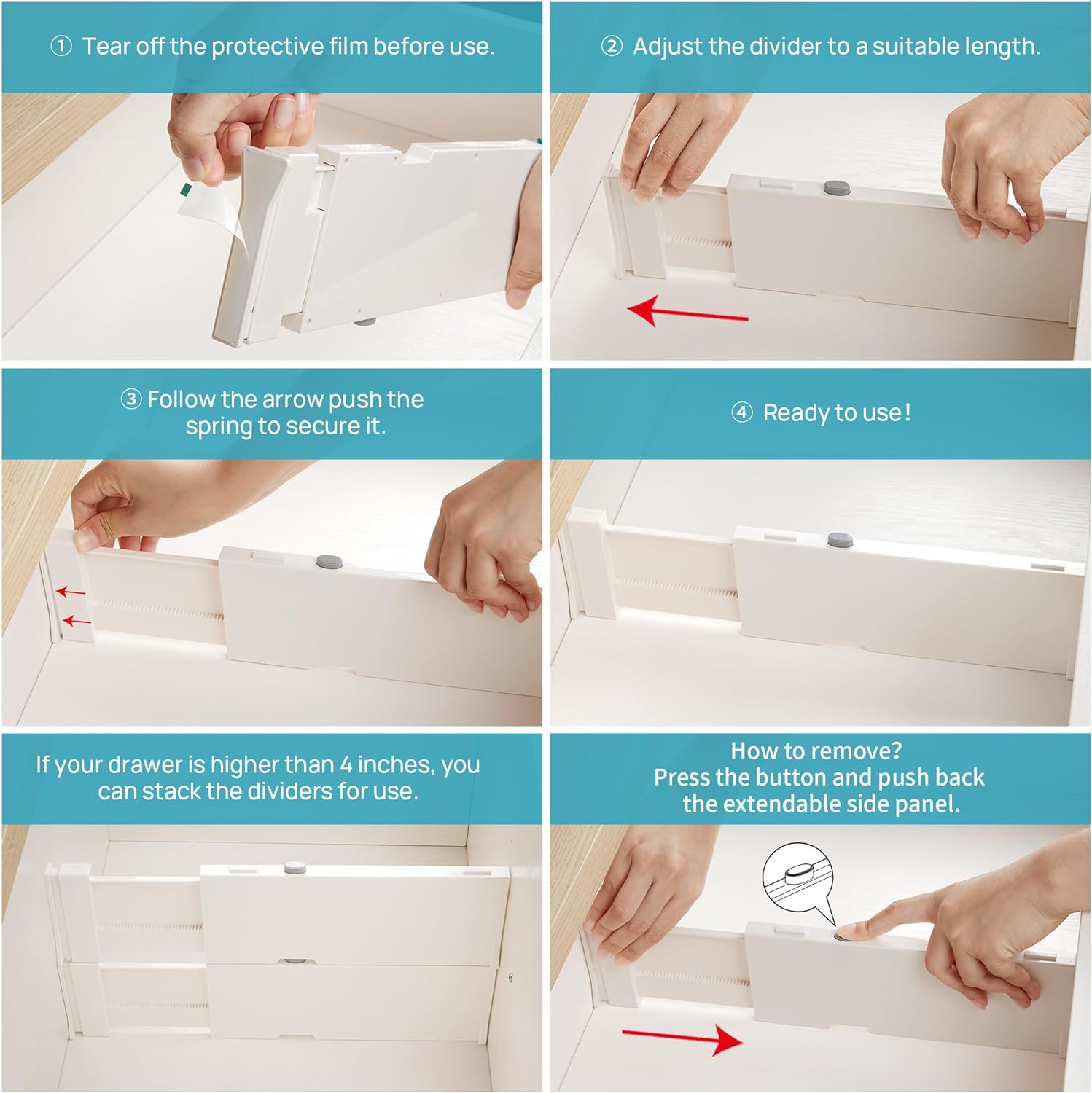 Adjustable Drawer Dividers for Clothes 6 Pack, 4" High Expandable from 11.6"-17" Dresser Drawer Organizer