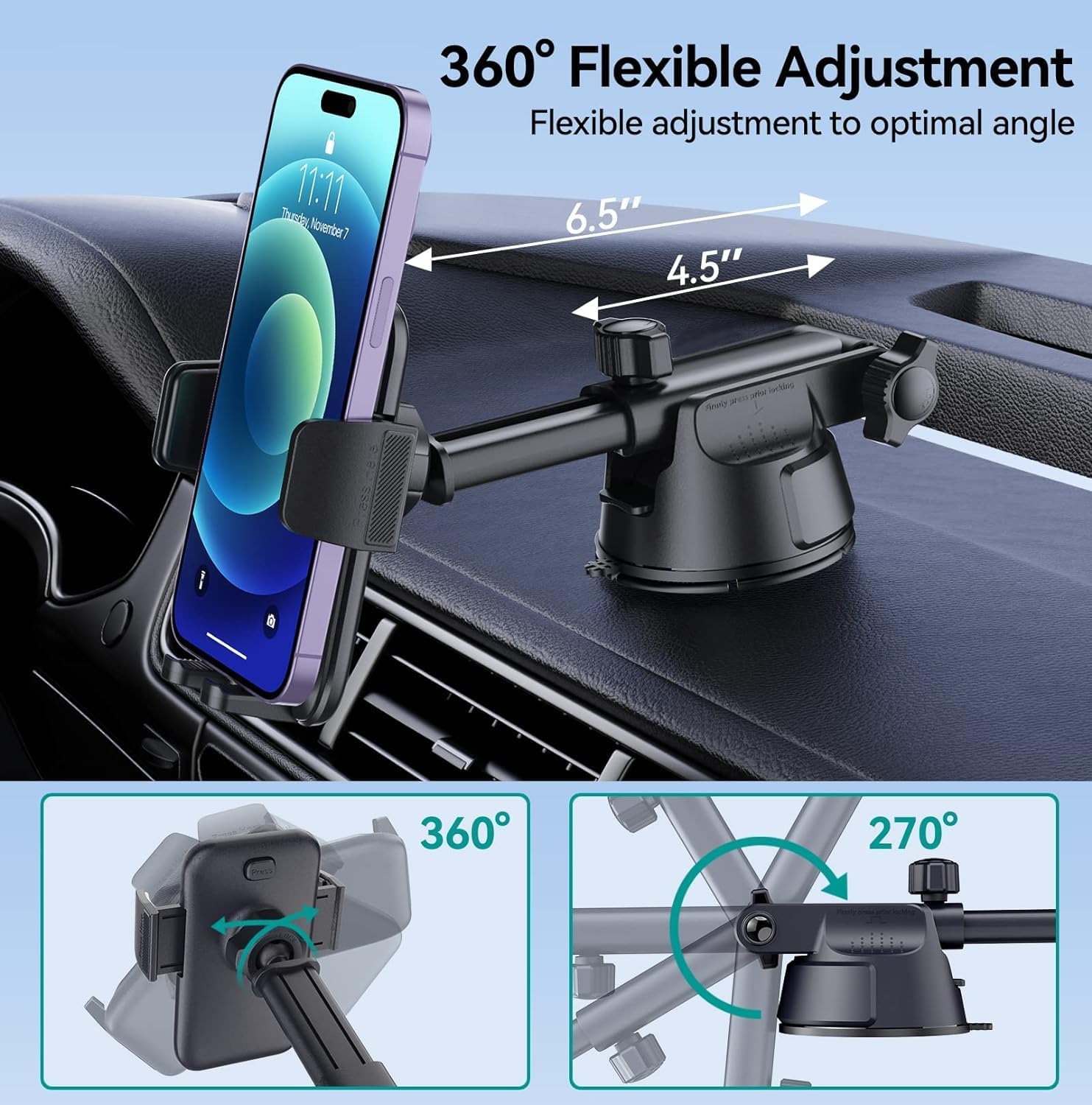 Car Phone Holder Mount, 3 in 1 Universal Phone Mount for Car Dashboard Windshield Air Vent Hands Free