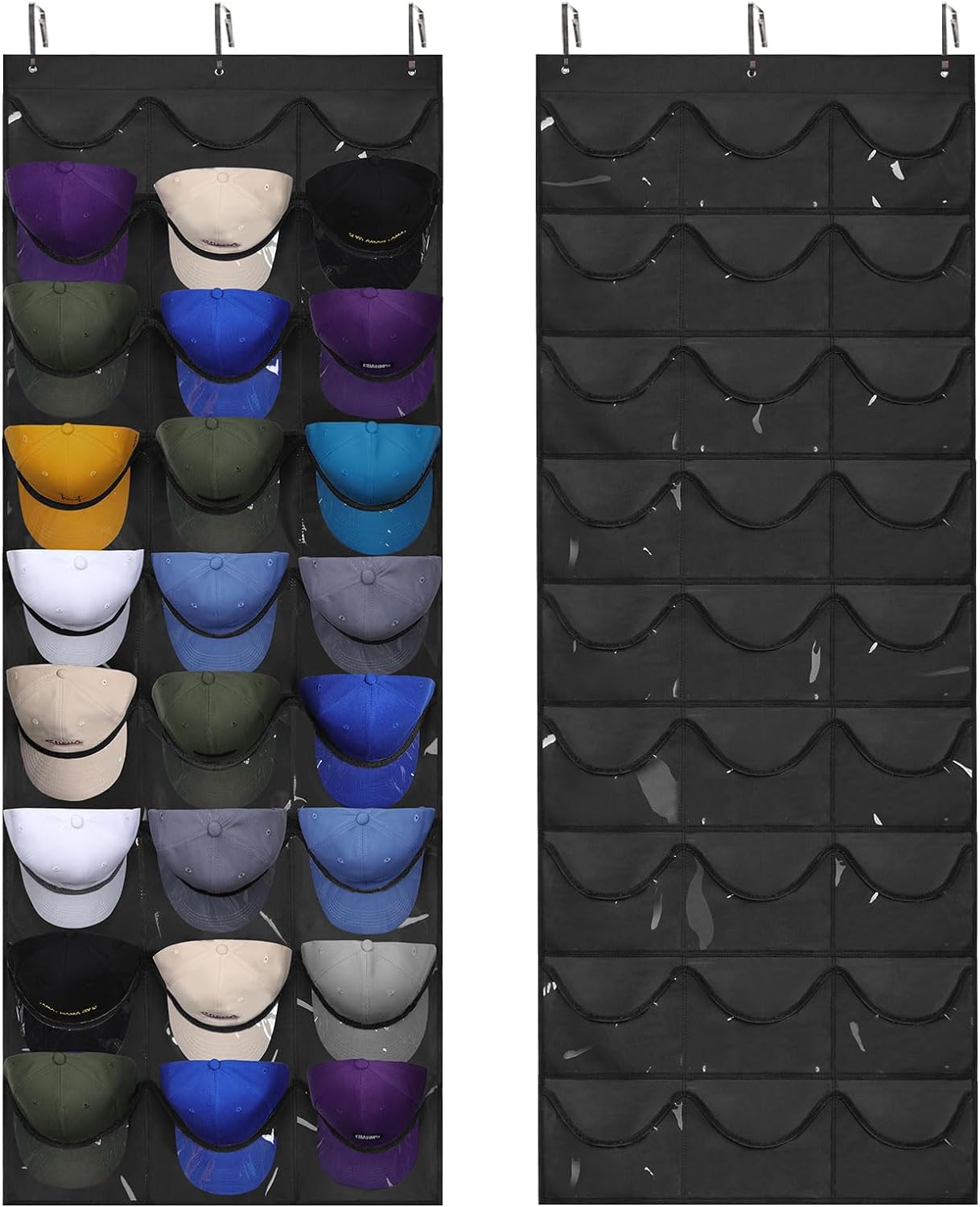 Hat Organizer Cap Rack for Wall Door with 3 Hooks, 27 Deep Pockets (Black)