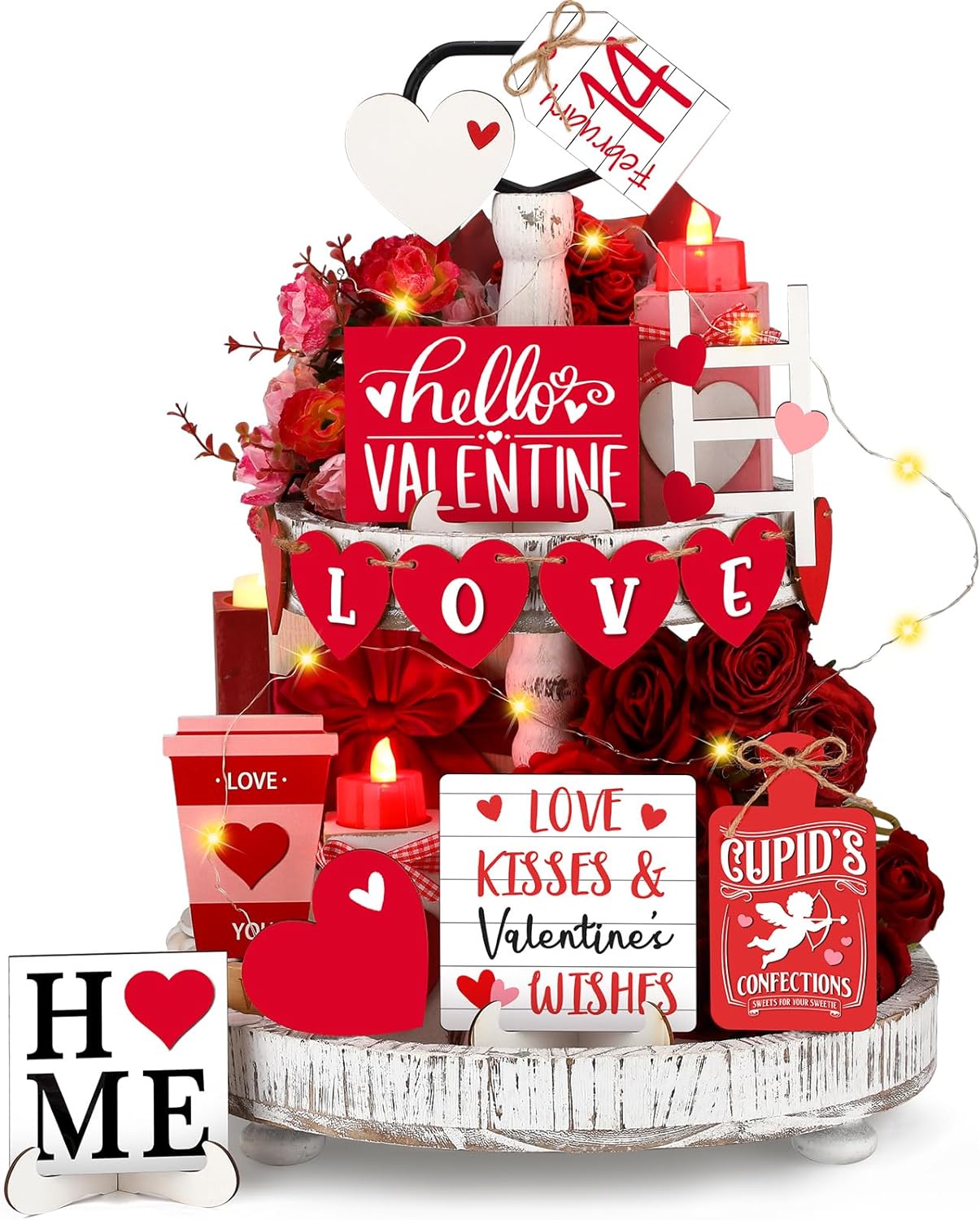 Valentine's Day Tiered Tray Deco Heart Wooden Tabletop Signs with LED String Light